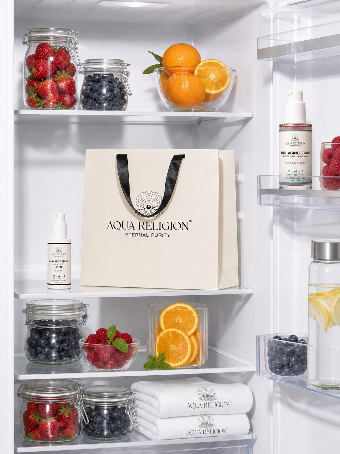 A white refrigerator interior with shelves stocked with fruit, berries, jars, and skincare bottles. A large cream paper shopping bag with black handles is centered on a shelf, printed with the brand name AQUA RELIGION and ETERNAL PURITY.